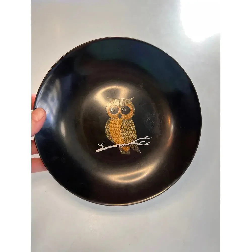 Vintage Couroc of Monterey Owl Inlay Bowl | MCM Black Resin Serving Dish 7.5